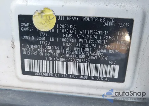 2013 Subaru Outback 2.5I Premium z USA, uszkodzony, nr VIN 4S4BRCCC7D3267528